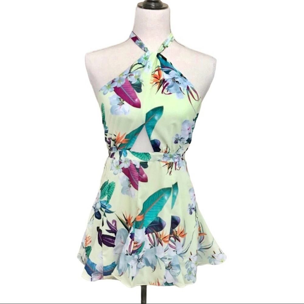 Tropical NWT Floral Print Mini Dress Halter Backless Yellow Pink Sleeveless - Picture 3 of 9